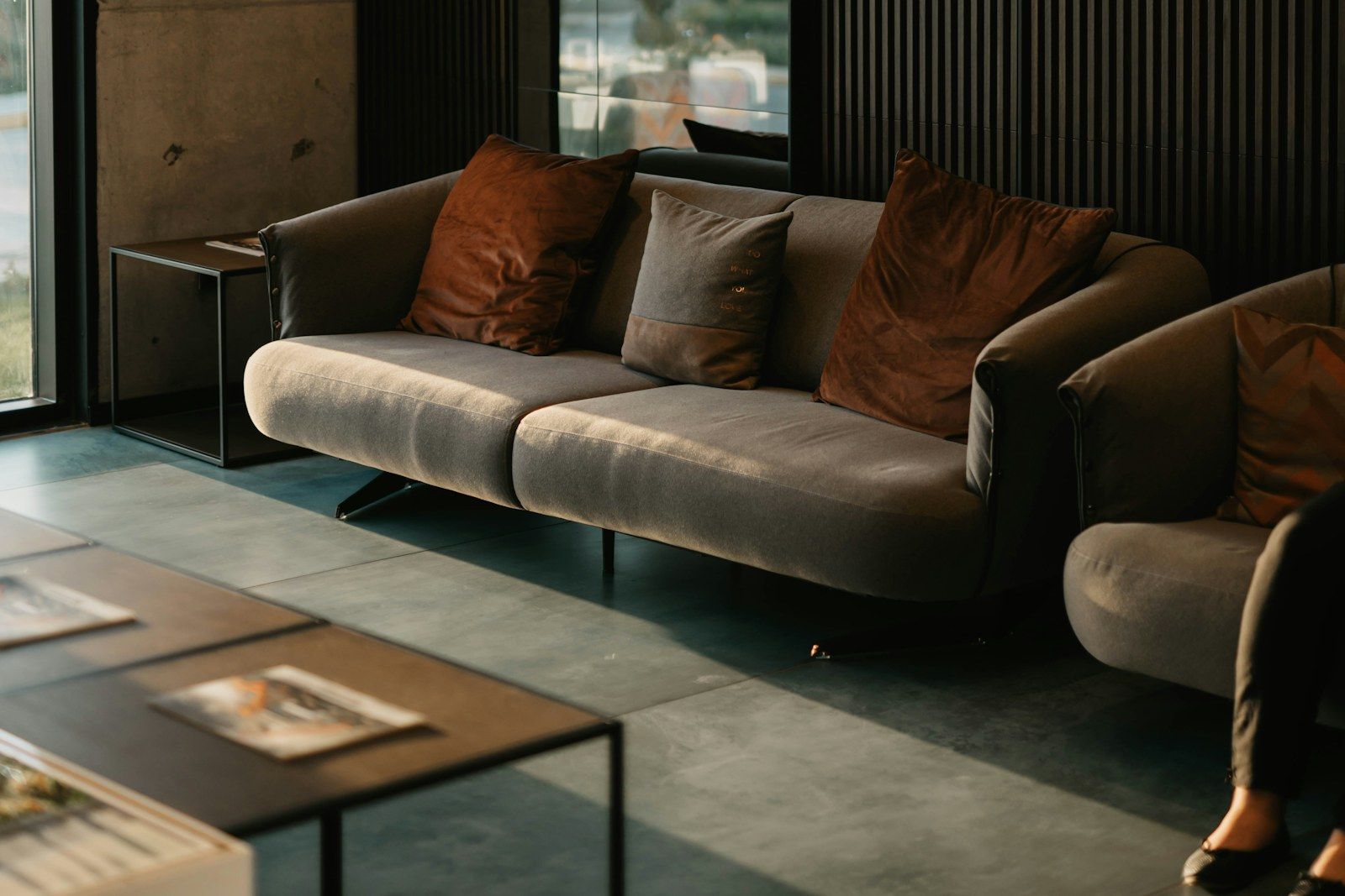 A warm, designer living room — FH Home Designs interiors